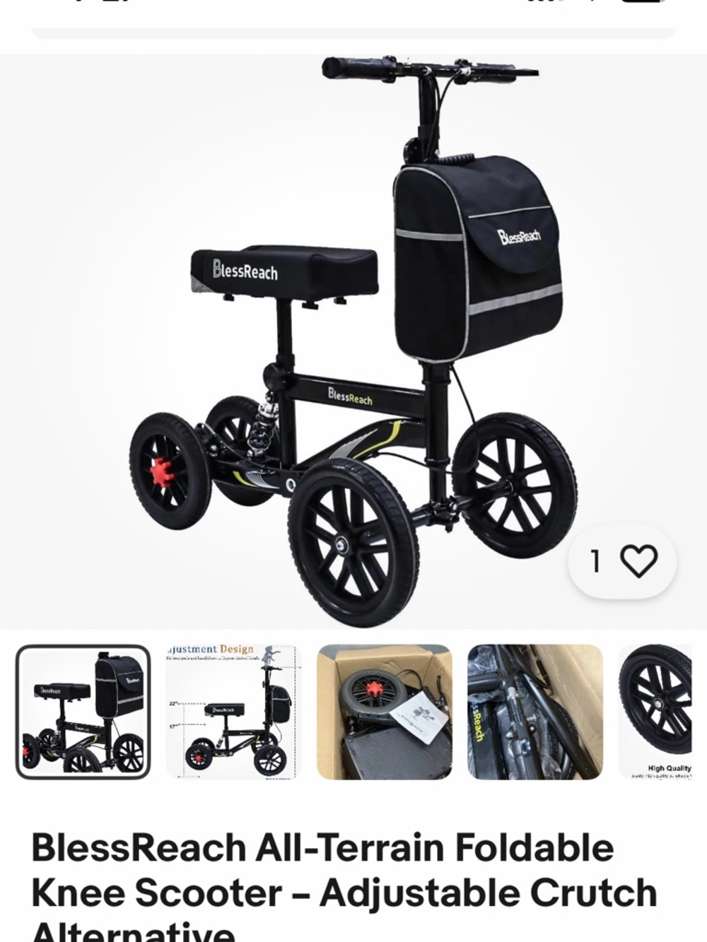 BlessReach Black All-Terrain Foldable Knee Scooter with Bag